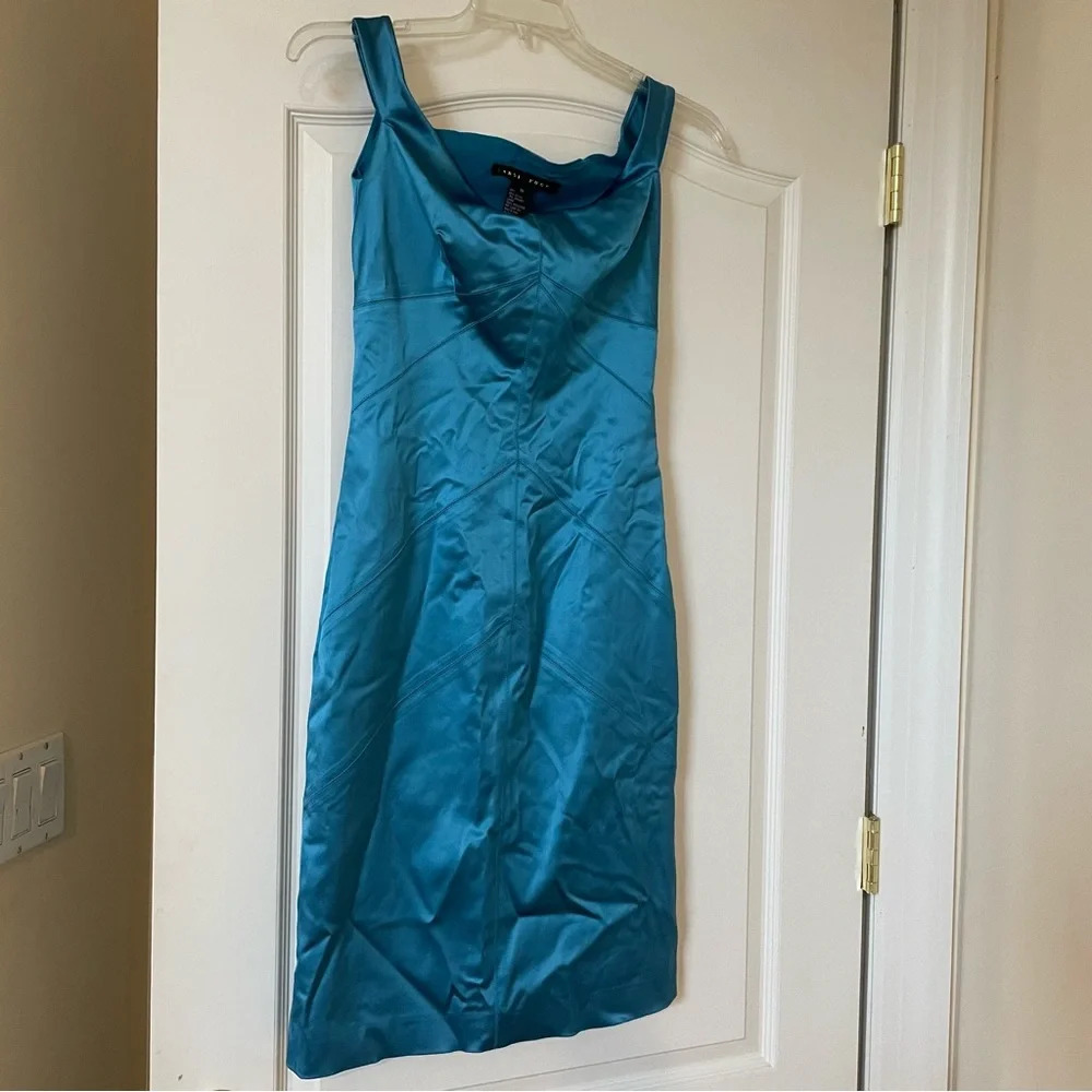 Yansi Fugel Metallic Blue Off-Shoulder Midi Dress Size 10